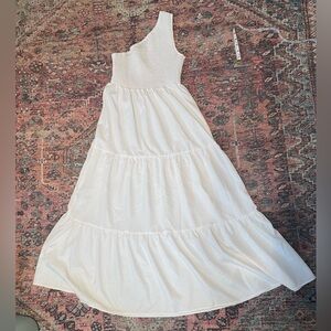 Chic One Shoulder Smocked Bodice White Dress